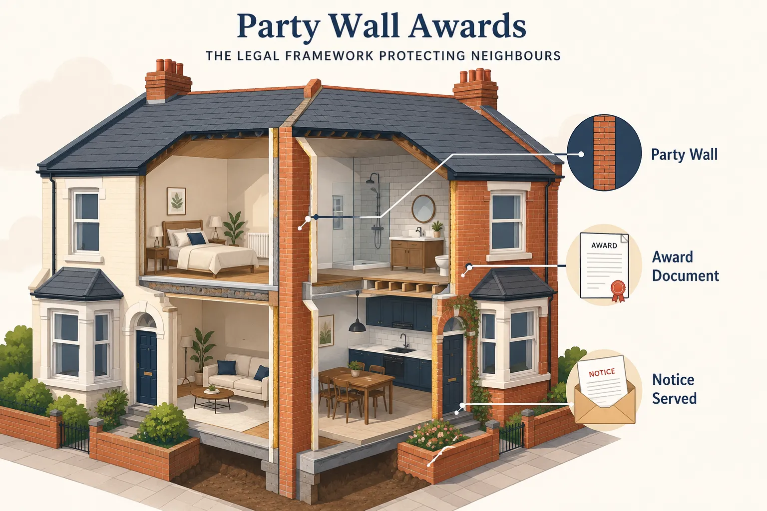 Bright editorial infographic-style landscape image (): isometric flat-vector illustration of a UK terraced house