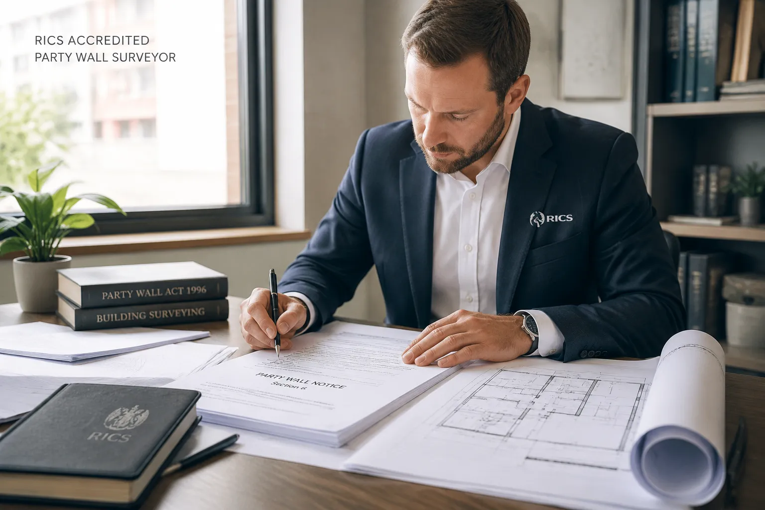 Bright editorial photography landscape (): A RICS-accredited surveyor in professional attire reviewing official party wall