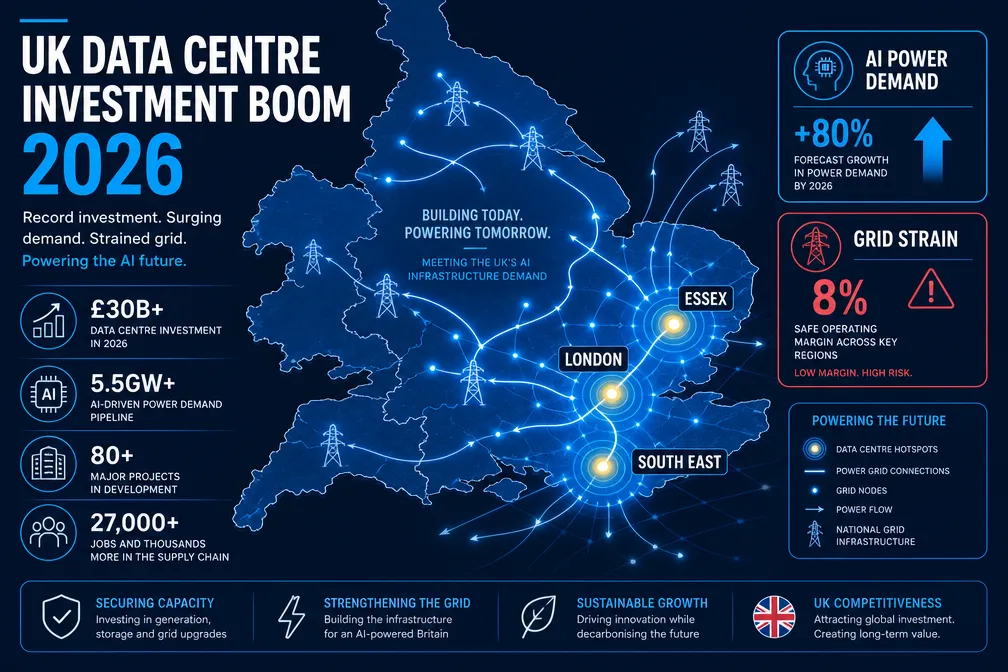 Editorial () infographic-style illustration showing the UK data centre investment boom in 2026: a flat-vector map of England