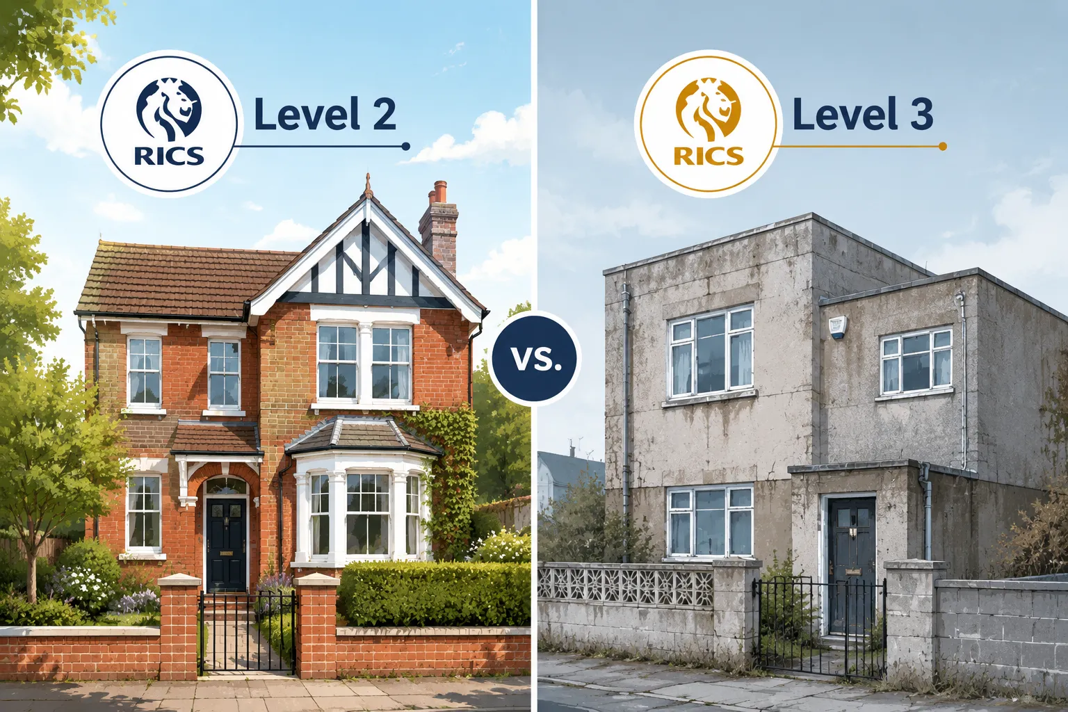 Editorial () split-screen infographic illustration: left panel shows a bright, sunlit traditional red-brick detached UK home
